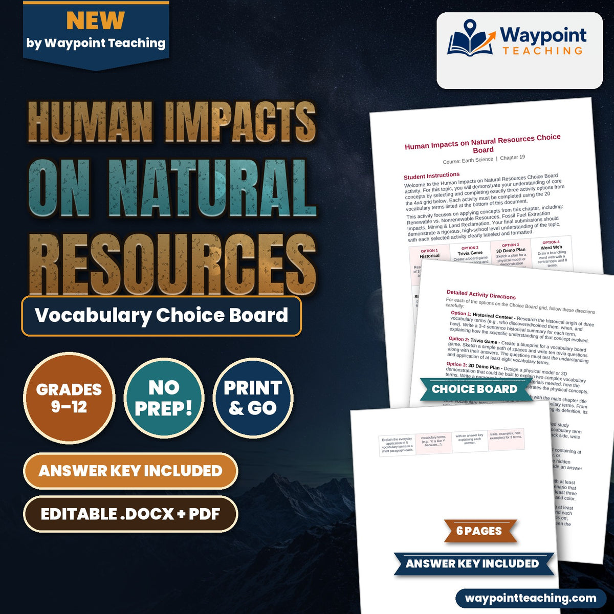 Human Impacts on Natural Resources Vocabulary Choice Board cover
