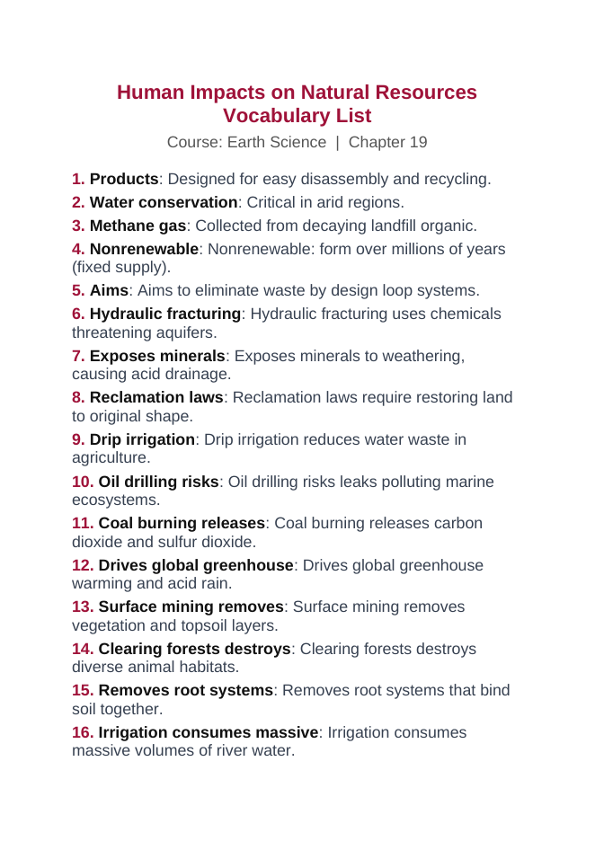 Human Impacts on Natural Resources Vocabulary Words & Definitions sample page