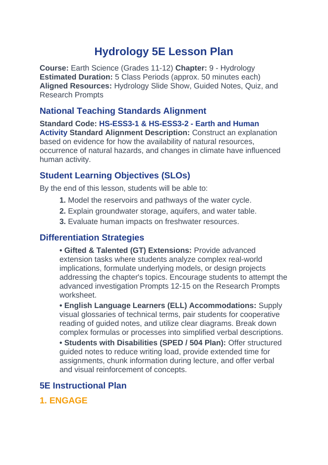 Hydrology 5E Lesson Plan sample page