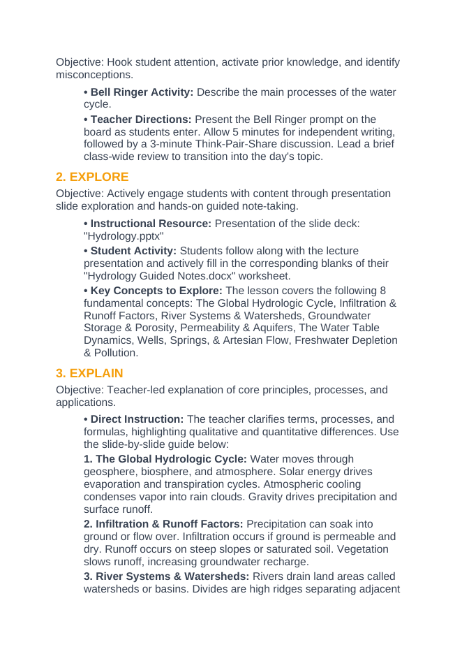 Hydrology 5E Lesson Plan sample page