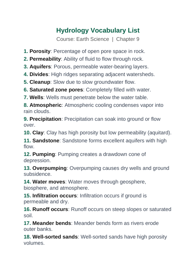 Hydrology Vocabulary Words & Definitions sample page