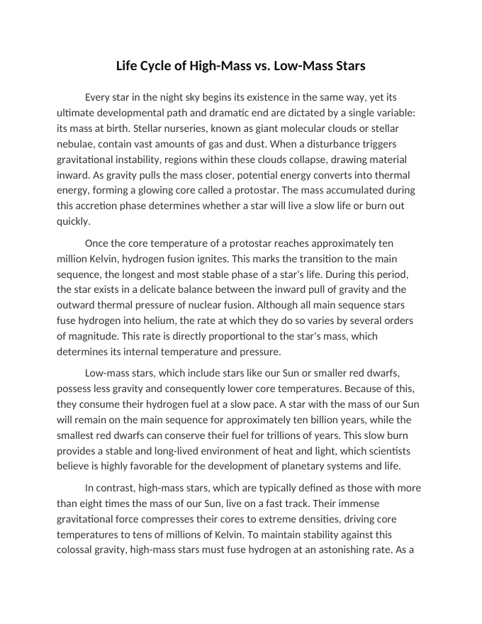 Life Cycle of High-Mass vs. Low-Mass Stars Reading Worksheet sample page