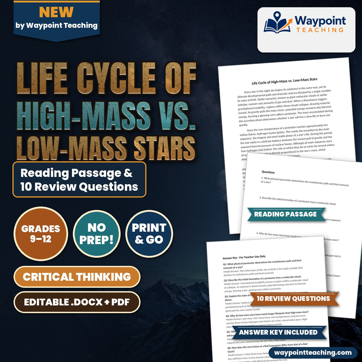 Life Cycle of High-Mass vs. Low-Mass Stars Reading Worksheet cover