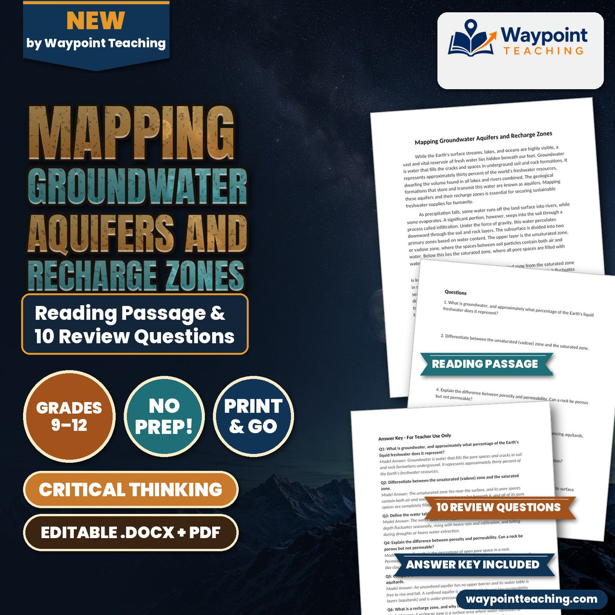 Mapping Groundwater Aquifers and Recharge Zones Reading Worksheet cover