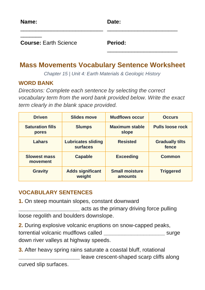 Mass Movements Fill-in-the-Blank Vocabulary Worksheet sample page