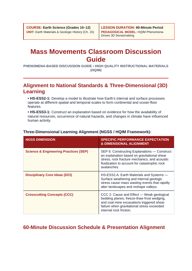 Mass Movements Phenomena-Based Lesson: Supersonic Runout of the Eighty-Two-Million-Ton Frank Slide Limestone Rock Avalanche Teacher Discussion Guide sample page