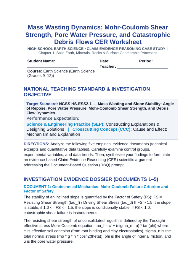 Mass Wasting Dynamics: Mohr-Coulomb Shear Strength, Pore Water Pressure, and Catastrophic Debris Flows CER Phenomena Worksheet sample page
