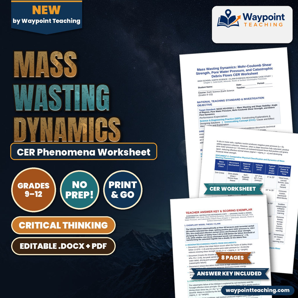 Mass Wasting Dynamics: Mohr-Coulomb Shear Strength, Pore Water Pressure, and Catastrophic Debris Flows CER Phenomena Worksheet cover