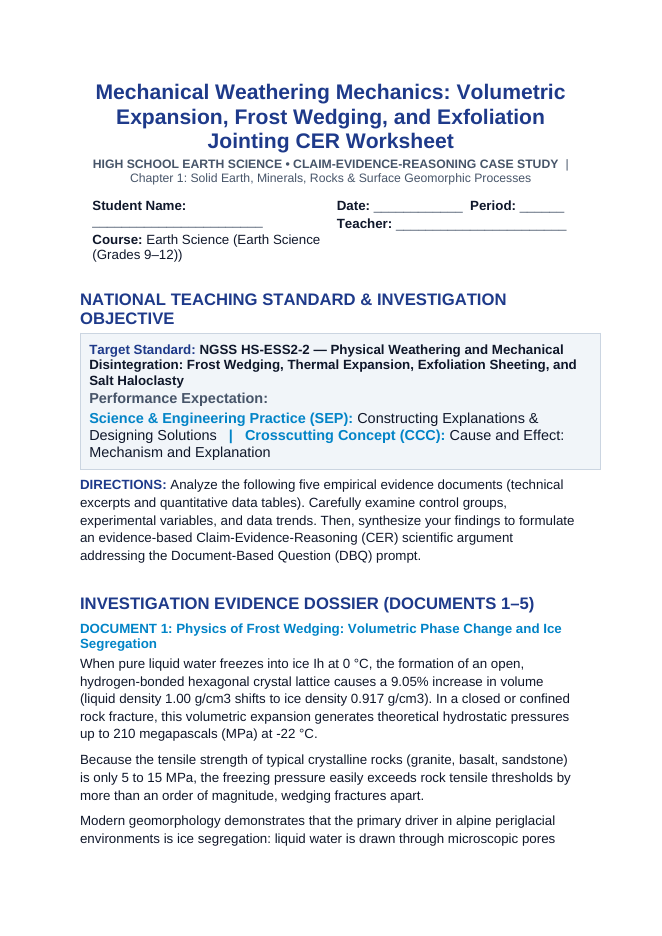 Mechanical Weathering Mechanics: Volumetric Expansion, Frost Wedging, and Exfoliation Jointing CER Phenomena Worksheet sample page