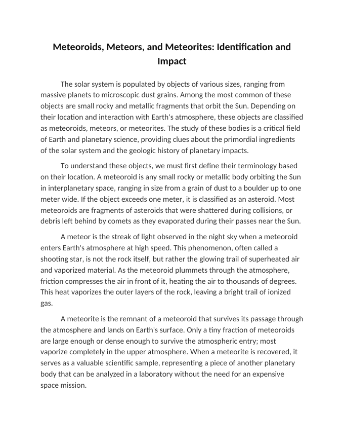 Meteoroids, Meteors, and Meteorites: Identification and Impact Reading Worksheet sample page