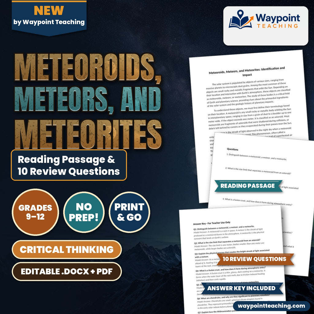 Meteoroids, Meteors, and Meteorites: Identification and Impact Reading Worksheet cover
