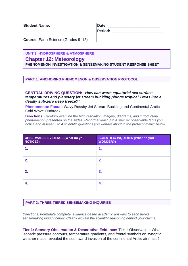 Meteorology Phenomena-Based Lesson: Wavy Rossby Jet Stream Buckling and Continental Arctic Cold Wave Outbreak Student Response Sheet sample page