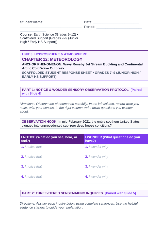 Meteorology Scaffolded Phenomena-Based Lesson: Wavy Rossby Jet Stream Buckling and Continental Arctic Cold Wave Outbreak Student Response Sheet sample page