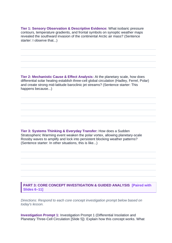 Meteorology Scaffolded Phenomena-Based Lesson: Wavy Rossby Jet Stream Buckling and Continental Arctic Cold Wave Outbreak Student Response Sheet sample page