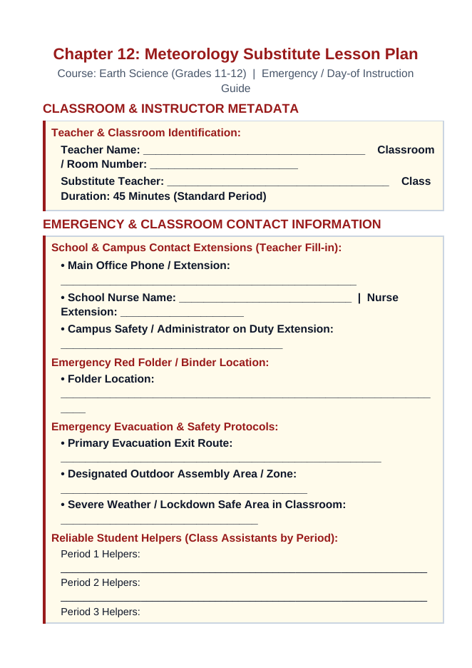 Meteorology Substitute Lesson Plan sample page