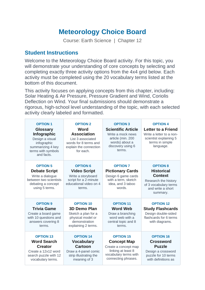 Meteorology Vocabulary Choice Board sample page