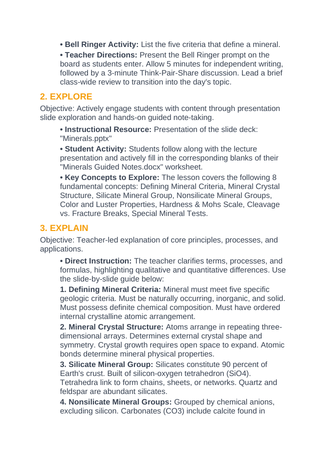 Minerals 5E Lesson Plan sample page