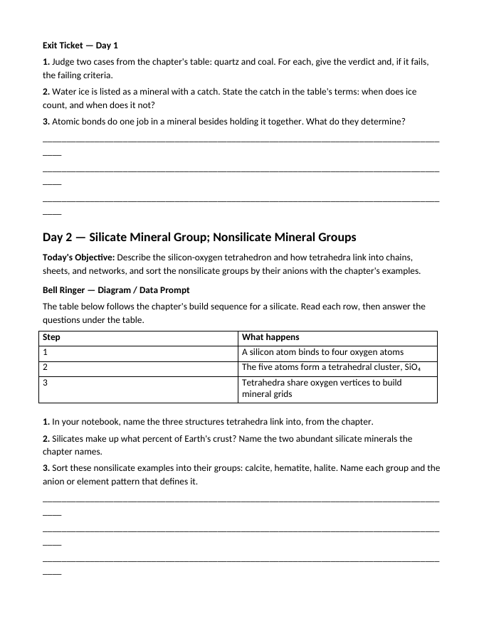 Minerals Bell Ringers & Exit Tickets sample page