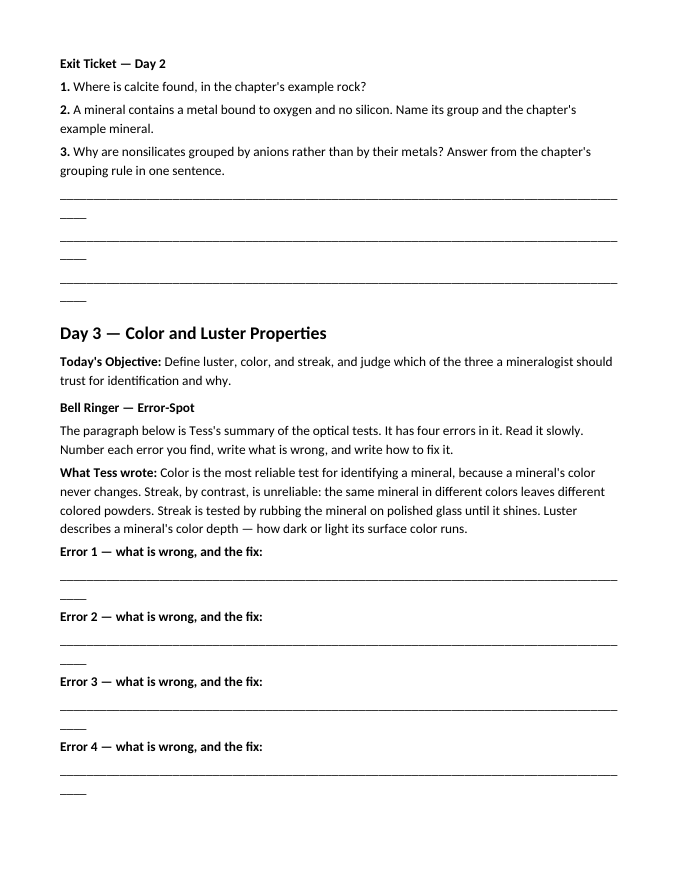 Minerals Bell Ringers & Exit Tickets sample page
