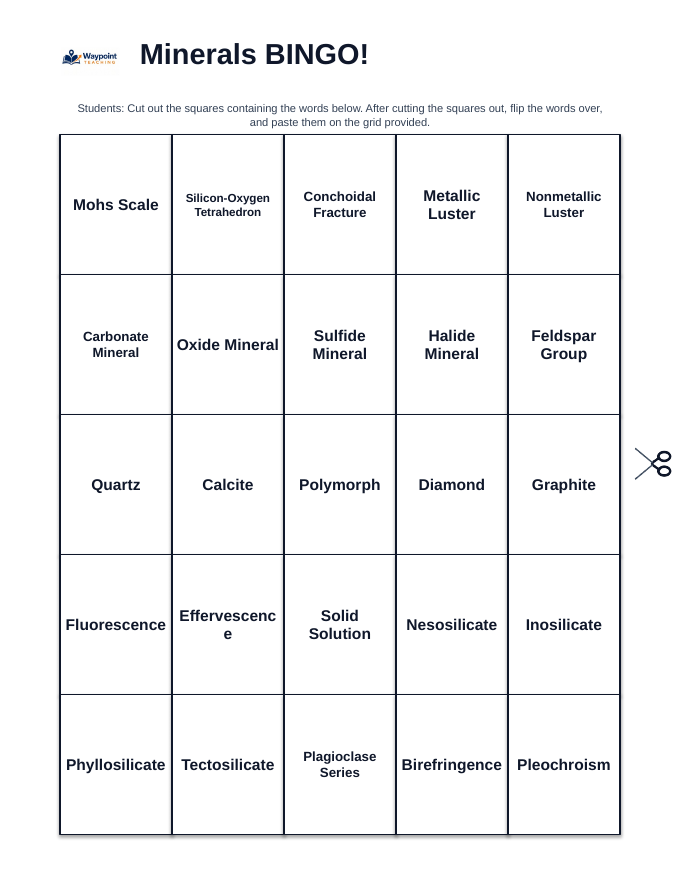 Minerals BINGO Review Game sample page