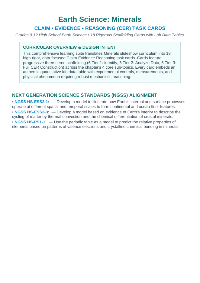 Minerals CER Task Cards sample page