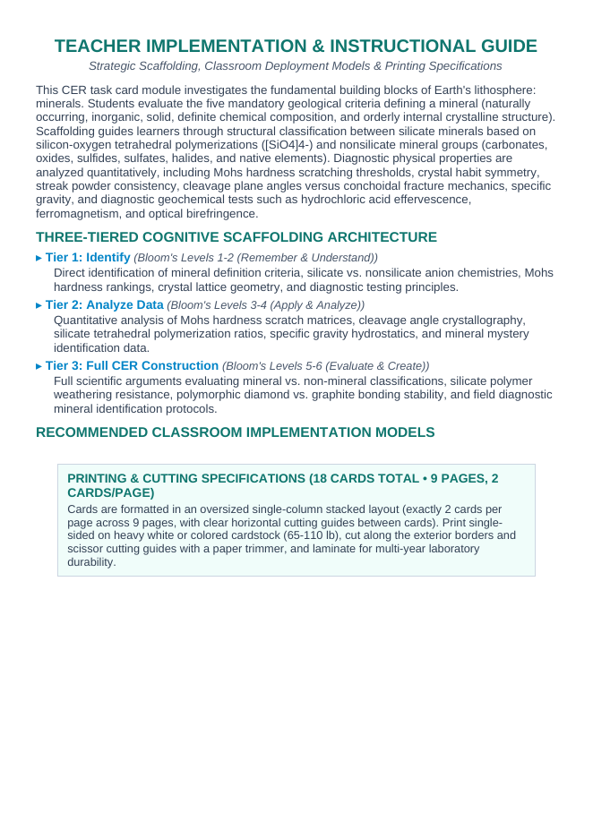 Minerals CER Task Cards sample page