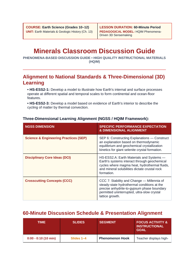 Minerals Phenomena-Based Lesson: Colossal Twelve-Meter Selenite Gypsum Crystals of the Naica Cave Teacher Discussion Guide sample page