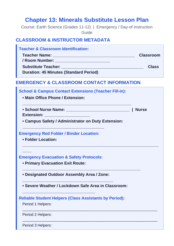 Minerals Substitute Lesson Plan sample page