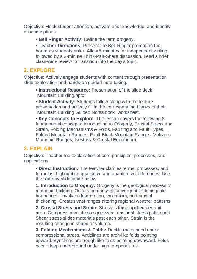Mountain Building 5E Lesson Plan sample page