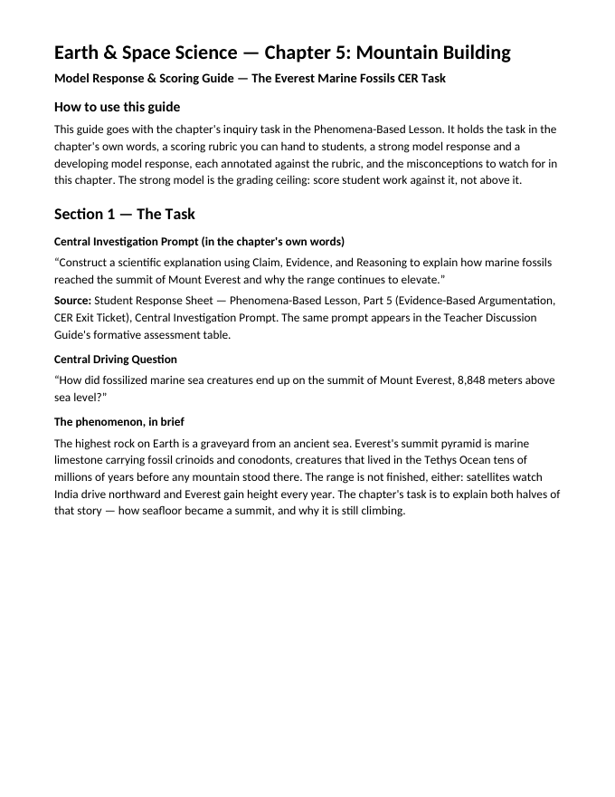 Mountain Building Model Response & Scoring Guide sample page