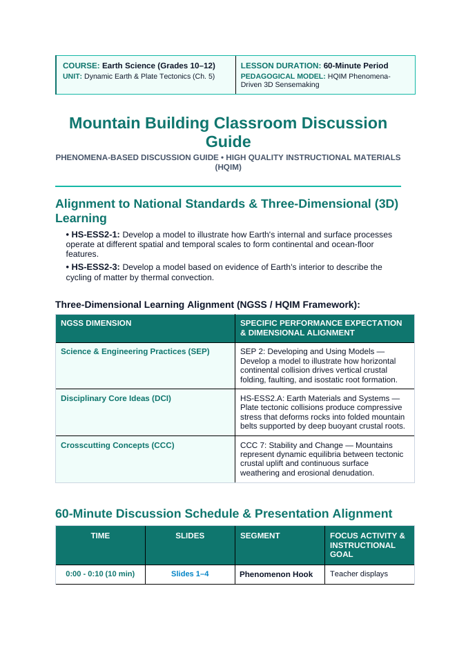 Mountain Building Phenomena-Based Lesson: Active Vertical Crustal Uplift and Deep Roots of the Himalayan Mountain Range Teacher Discussion Guide sample page