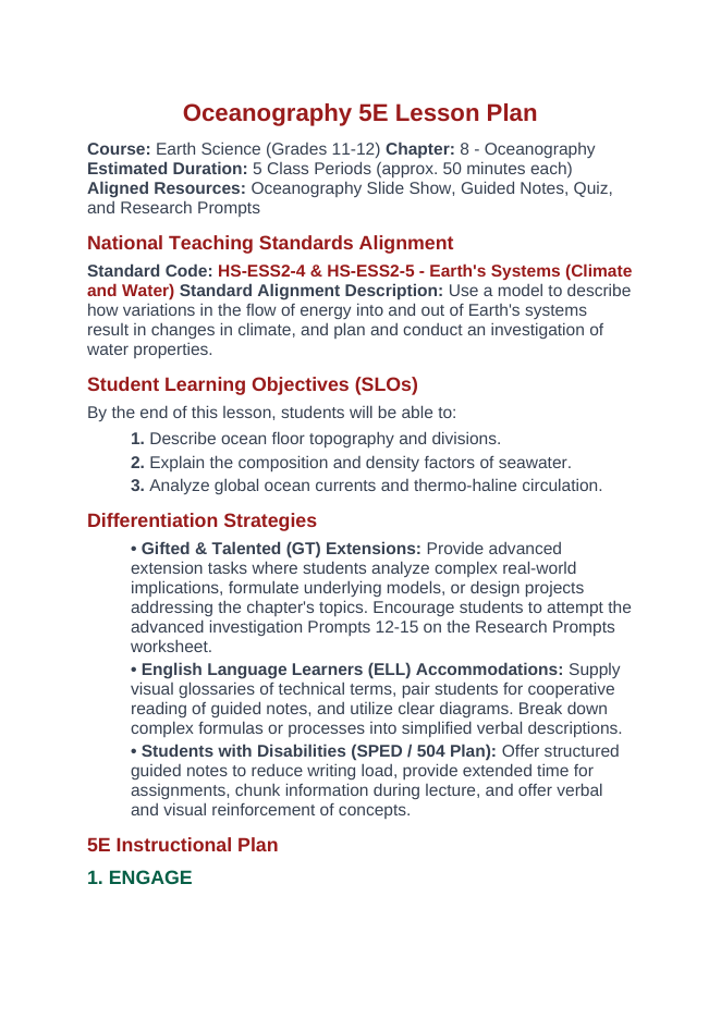 Oceanography 5E Lesson Plan sample page
