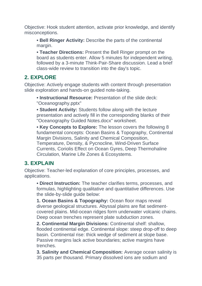 Oceanography 5E Lesson Plan sample page