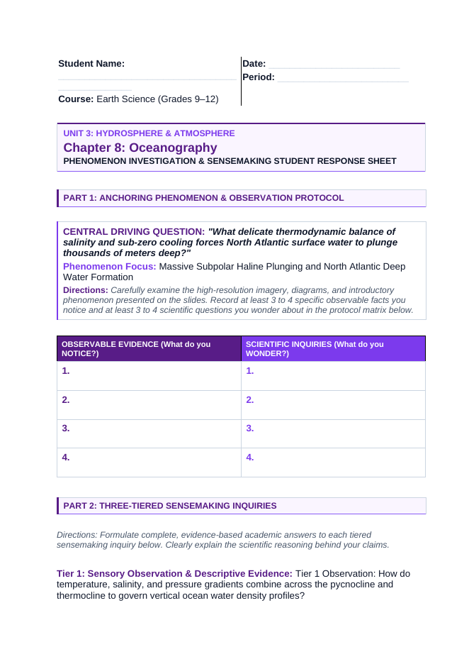 Oceanography Phenomena-Based Lesson: Massive Subpolar Haline Plunging and North Atlantic Deep Water Formation Student Response Sheet sample page