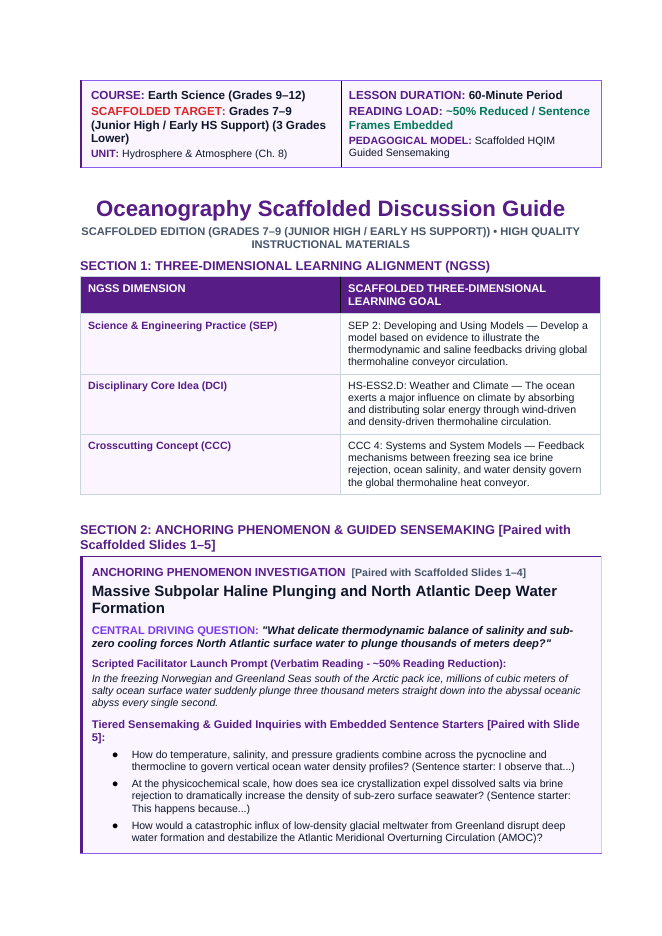 Oceanography Scaffolded Phenomena-Based Lesson: Massive Subpolar Haline Plunging and North Atlantic Deep Water Formation Teacher Discussion Guide sample page