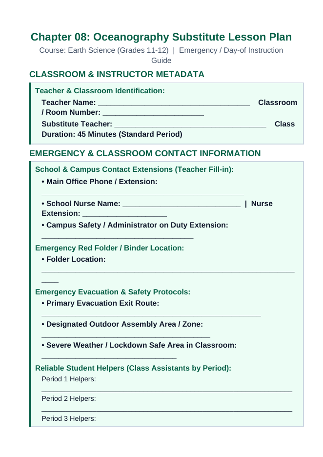 Oceanography Substitute Lesson Plan sample page
