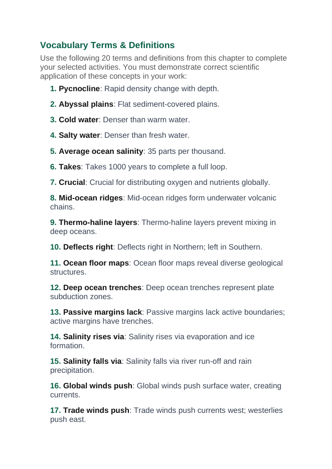 Oceanography Vocabulary Choice Board sample page