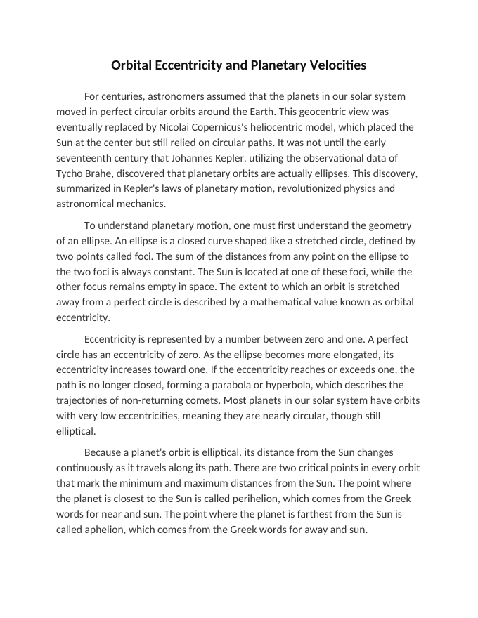Orbital Eccentricity and Planetary Velocities Reading Worksheet sample page