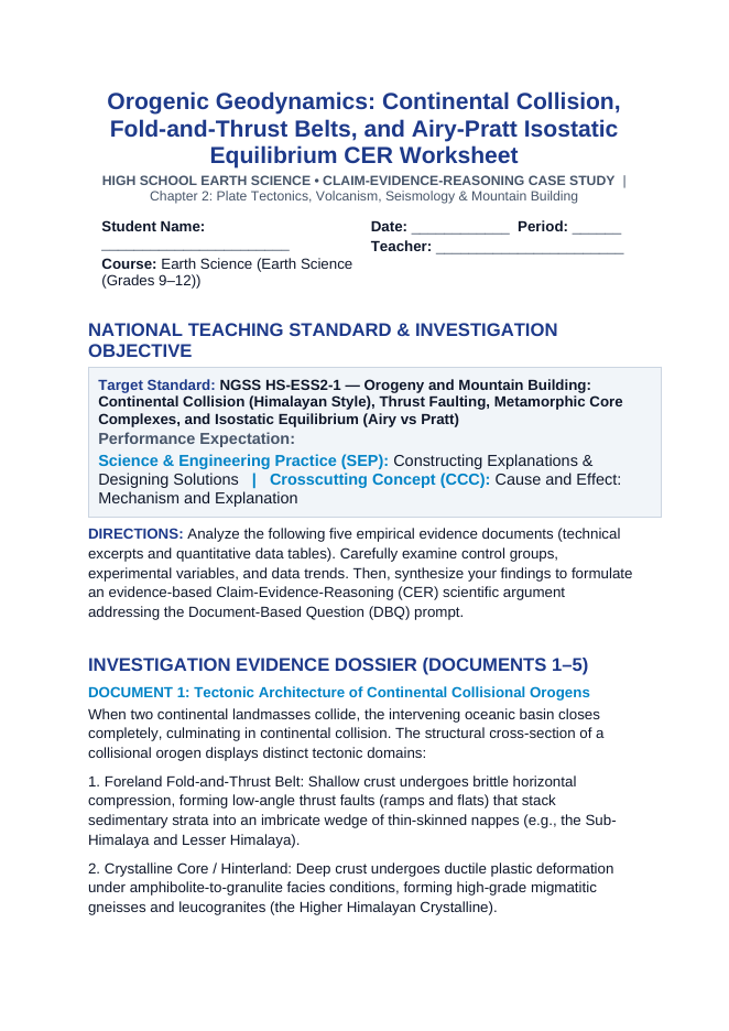 Orogenic Geodynamics: Continental Collision, Fold-and-Thrust Belts, and Airy-Pratt Isostatic Equilibrium CER Phenomena Worksheet sample page