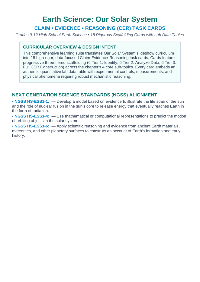 Our Solar System CER Task Cards sample page