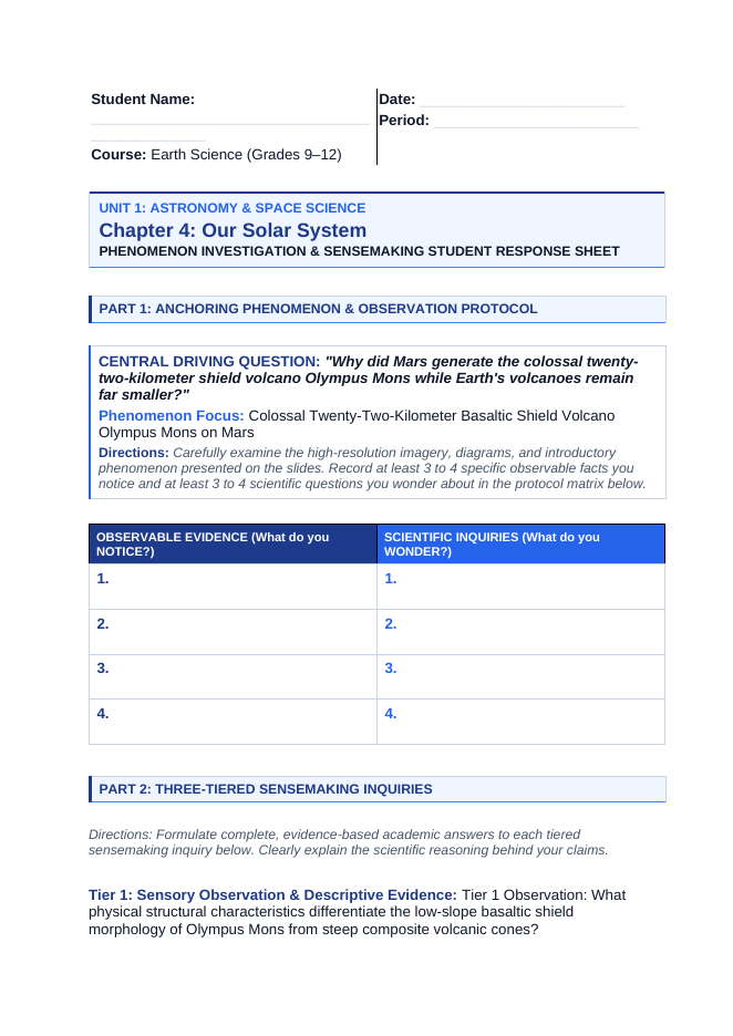 Our Solar System Phenomena-Based Lesson: Colossal Twenty-Two-Kilometer Basaltic Shield Volcano Olympus Mons on Mars Student Response Sheet sample page