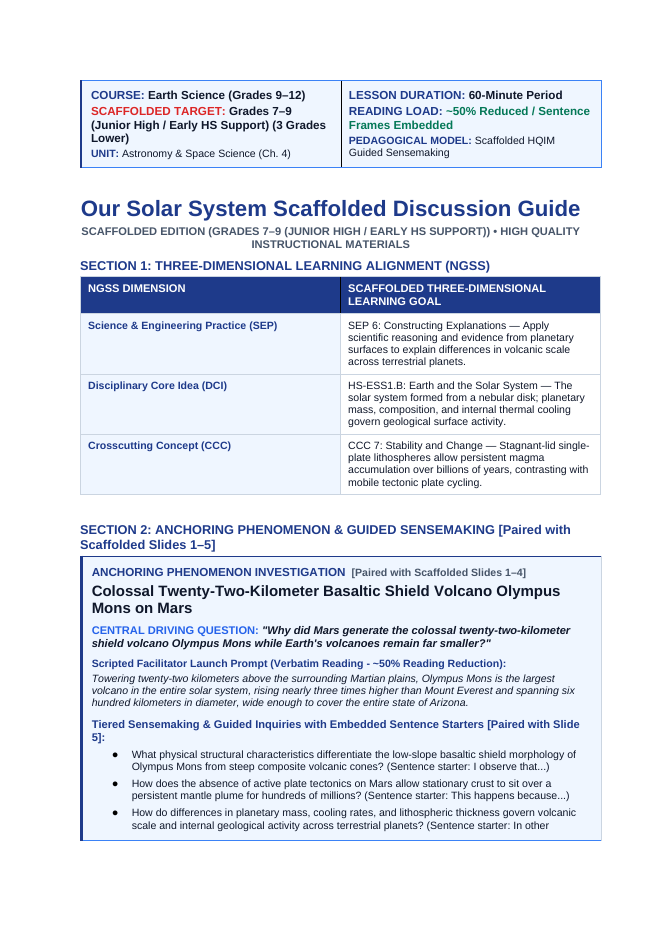 Our Solar System Scaffolded Phenomena-Based Lesson: Colossal Twenty-Two-Kilometer Basaltic Shield Volcano Olympus Mons on Mars Teacher Discussion Guide sample page