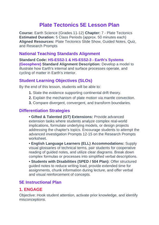Plate Tectonics 5E Lesson Plan sample page