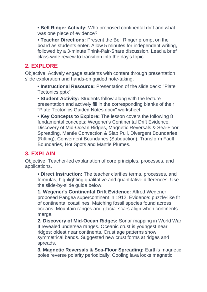 Plate Tectonics 5E Lesson Plan sample page