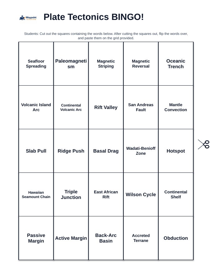 Plate Tectonics BINGO Review Game sample page