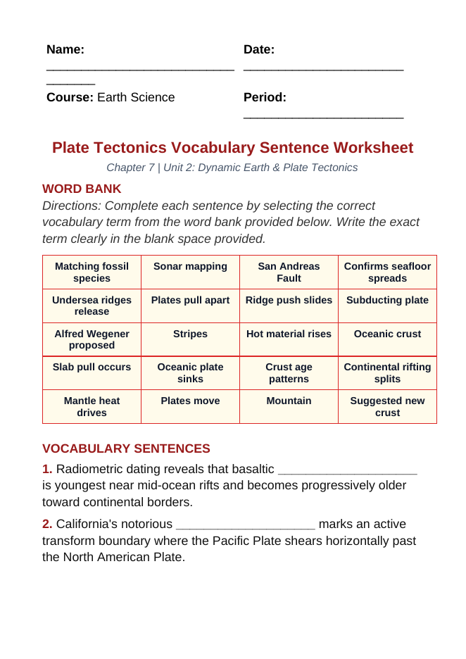 Plate Tectonics Fill-in-the-Blank Vocabulary Worksheet sample page