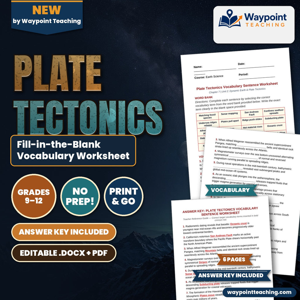 Plate Tectonics Fill-in-the-Blank Vocabulary Worksheet cover