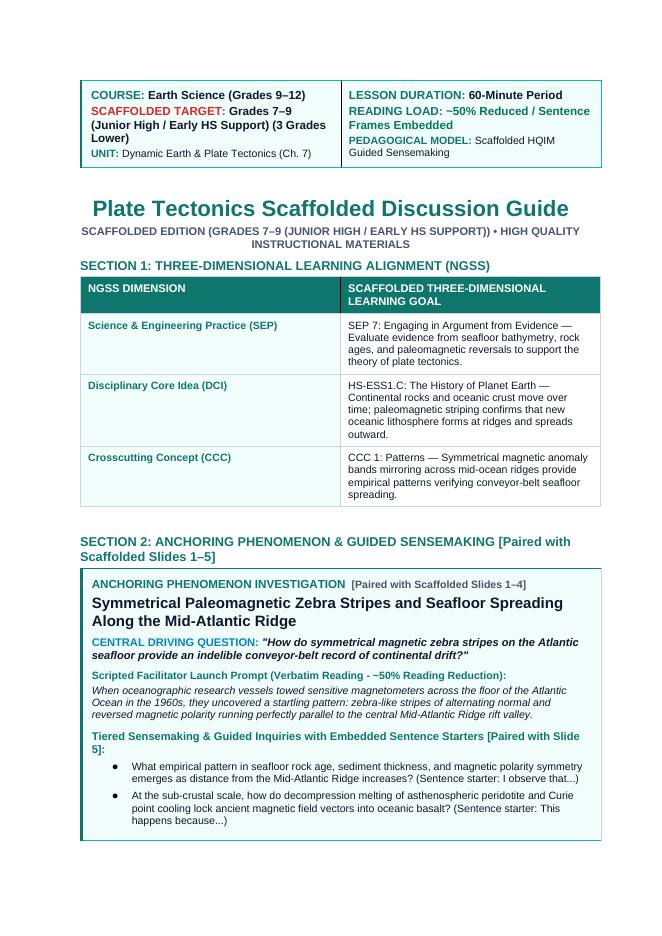 Plate Tectonics Scaffolded Phenomena-Based Lesson: Symmetrical Paleomagnetic Zebra Stripes and Seafloor Spreading Along the Mid-Atlantic Ridge Teacher Discussion Guide sample page