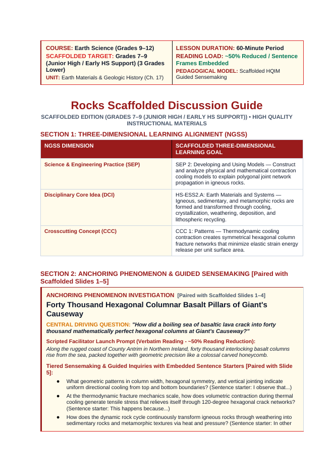 Rocks Scaffolded Phenomena-Based Lesson: Forty Thousand Hexagonal Columnar Basalt Pillars of Giant's Causeway Teacher Discussion Guide sample page