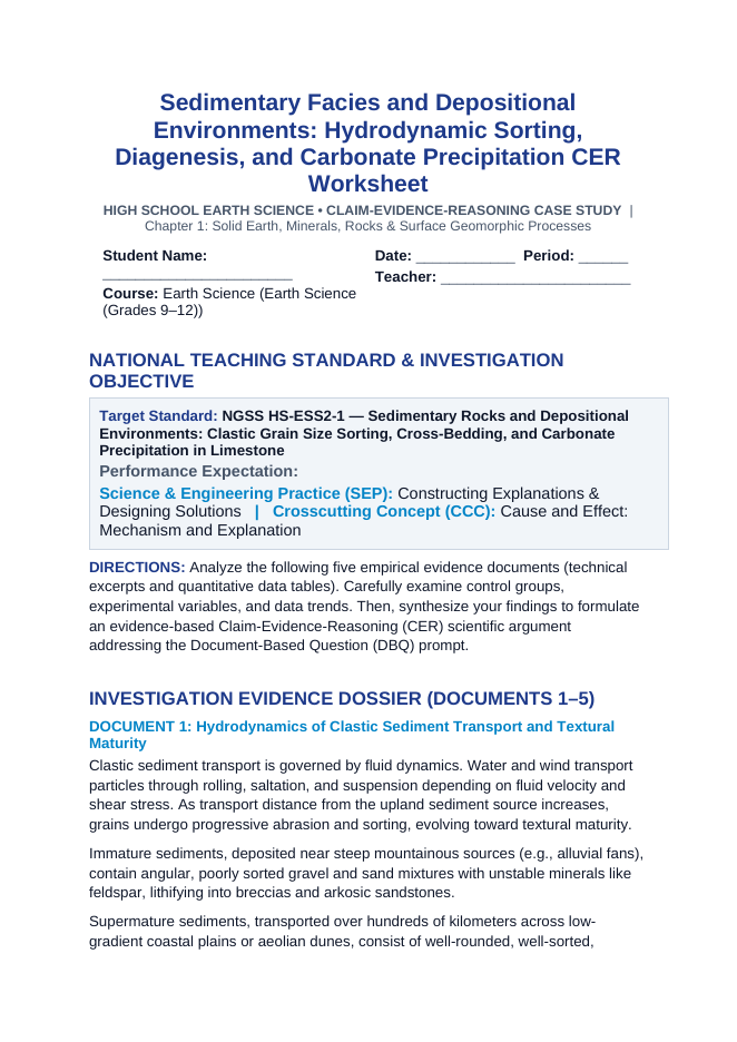 Sedimentary Facies and Depositional Environments: Hydrodynamic Sorting, Diagenesis, and Carbonate Precipitation CER Phenomena Worksheet sample page